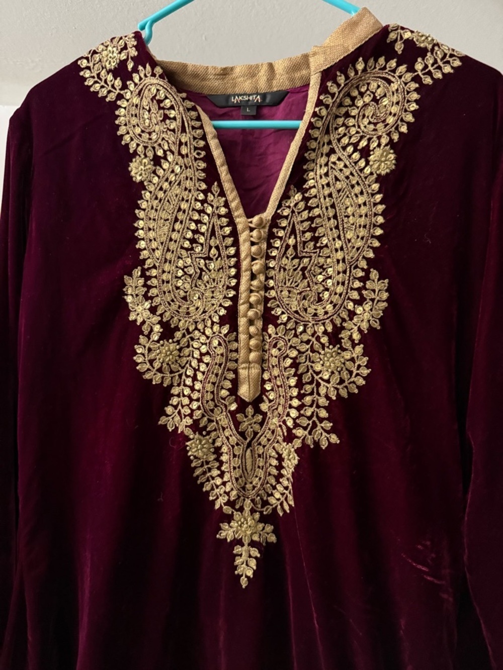 Lakshita Indian Burgundy Kaftan Kurta Tunic Embroidered Velvet Trim Ethnic Large - Picture 2 of 7